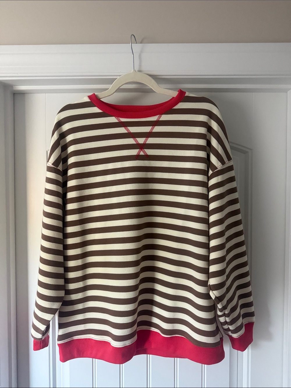 Striped Brown and Cream Women's Ribbed Oversized Pullover with Red Trim